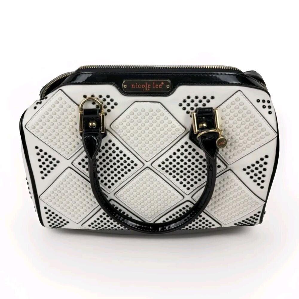 Nicole Lee Handbag White & Black Studded Purse with Shoulder Strap Size 13x9x7